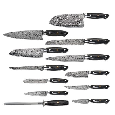 Professinal 12 piece 5Cr15MoV high carbon steel kitchen knife sets with damascus pattern laser